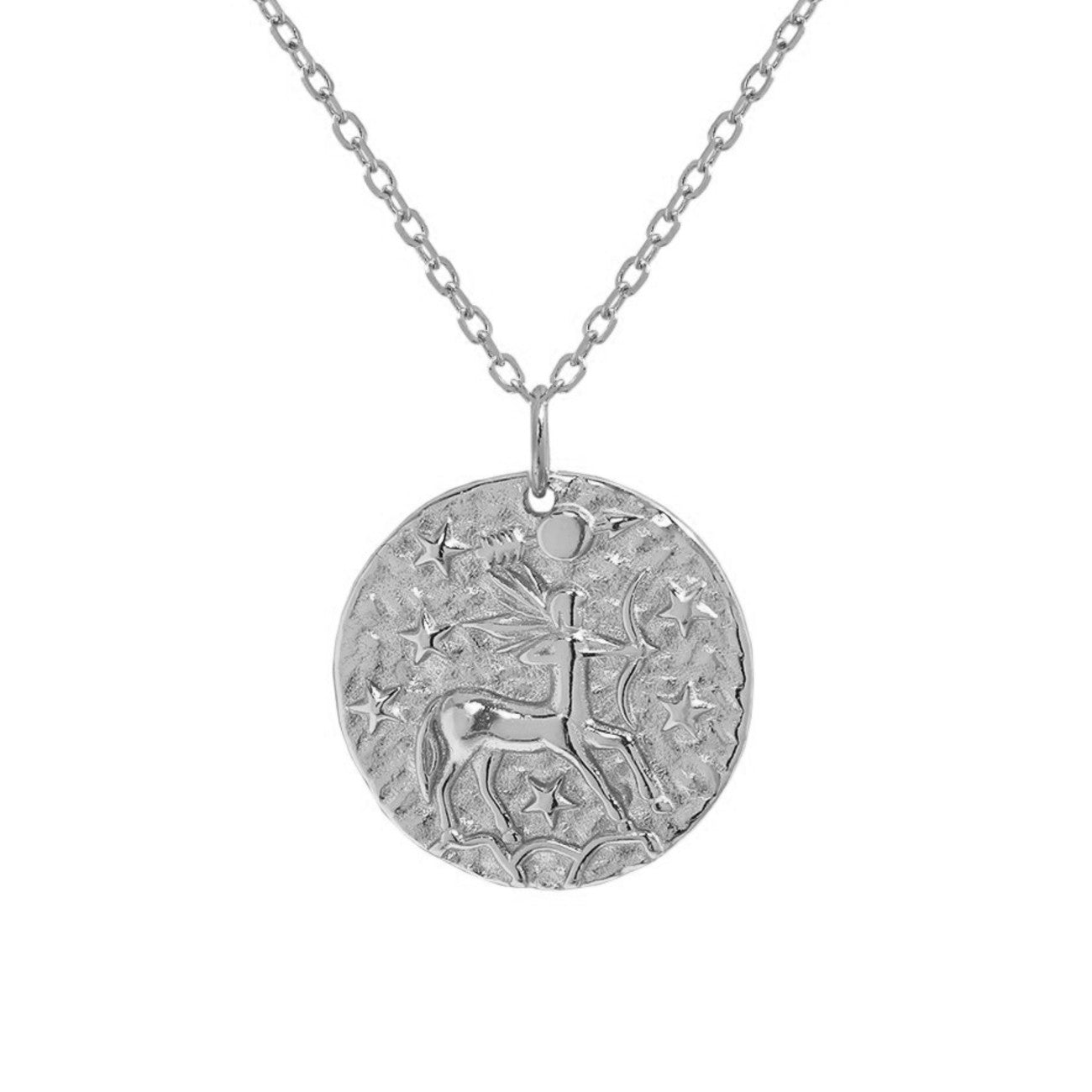 Collier Sagittaire en argent sterling 925 avec pendentif rond gravé d’un centaure avec arc et étoiles, chaîne fine élégante, bijou astrologique féminin au design raffiné. Idée cadeau femme.